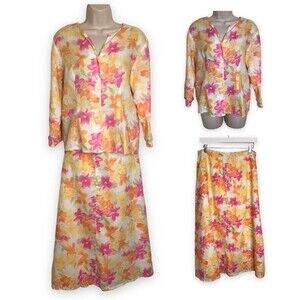 VTG Jennifer Eden Two Piece Top Skirt Ramie Watercolor Floral Print Women 10